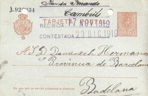 Sellos: ENTERO POSTAL CORDELERIA DOMENECH HNOS. - BADALONA nº serie: j. 92??34 - R. FERRANDO - CAMBRILS 1919
